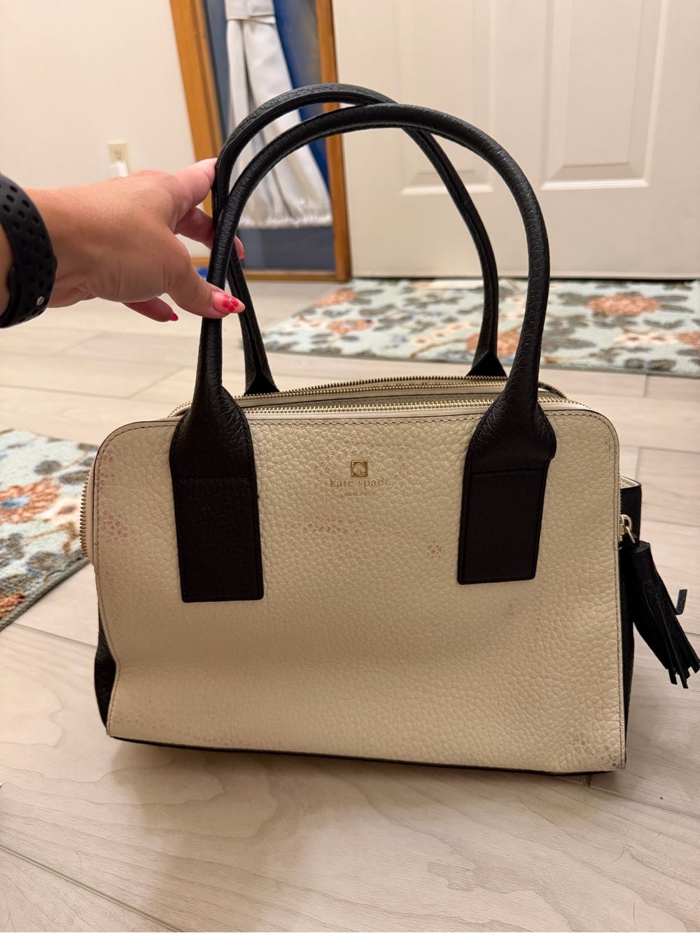 kate spade Cream and Black Pebbled Leather Satchel